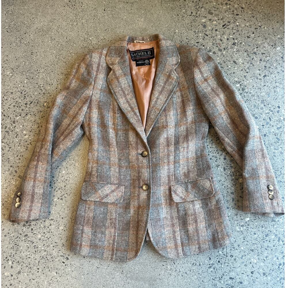 Sachel II Women’s Small Wool Plaid Blazer Tweed Jacket Tailored Vintage